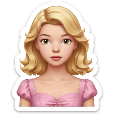 Cinematic Realistic Anya Taylor Joy Portrait, depicted with lifelike skin texture, subtle rosy undertones, and soft natural lighting that enhances the sweet blush contours of her face. Her intricately detailed golden blonde hair is elegantly wavy, and pink dress corquette sticker