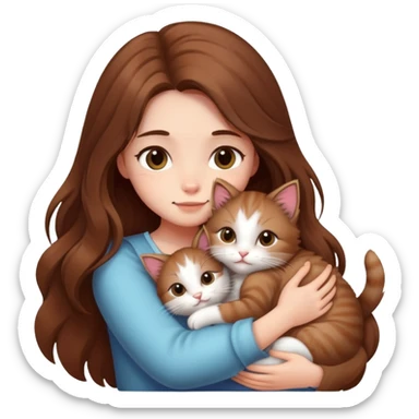 A girl with long hair tightly hugged a kitten sticker