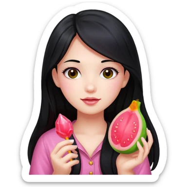 A girl with long black hair holding a piece of guava hard candy sticker