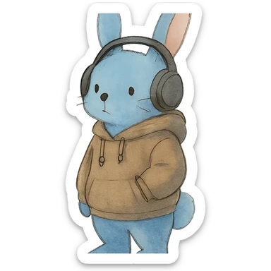 blue bunny in hoodie, one paw in pocket, headphones on, soft Ghibli style sticker