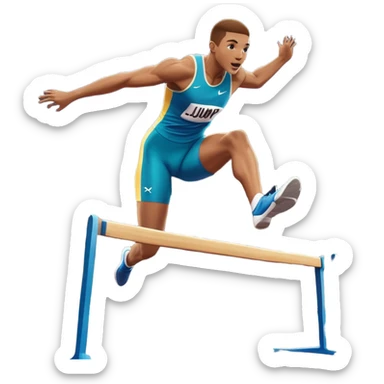 An icon of an athlete soaring over a hurdle, mid-jump, with a powerful form. The background features a vibrant stadium, with the track and hurdles in sharp focus, and a cheering crowd along the stands. The motion of the jump emphasizes speed and agility. Transparent background. sticker