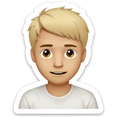 Male with short, messy blonde hair, large expressive golden-brown eyes, light brown skin, subtle facial bruises and scratches, crooked smile showing slightly damaged teeth, wearing a plain white t-shirt, friendly but creepy expression.
 sticker