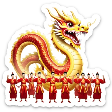 Cinematic Realistic scene of a Chinese Dragon Dance featuring performers energetically holding a vibrant dragon model aloft, with intricately detailed scales and dynamic flowing costumes, illuminated by festive red and gold lighting that captures the spirit of celebration. sticker