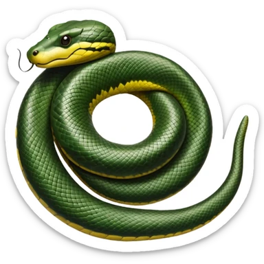 A photo-realistic top-down view of a Green Anaconda tightly coiled in a spiral, with its broad, flat head resting at the center. Its thick, muscular body is olive-green and covered in symmetrical, bold black oval spots that stand out against its smooth scales, creating striking natural camouflage. sticker