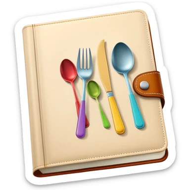 Colorful closed recipe book with a fork and spoon symbol on the cover, cookbook icon sticker