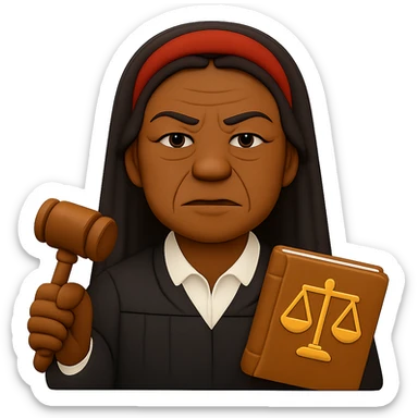 Make the Black woman lawyer look older, with mature facial features and a dignified, strong look. Keep the long black hair, red headband, and sharp personality. Render in emoji style with transparent background. sticker