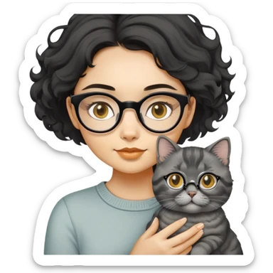 Young woman with oval face and warm yellow-toned skin, black wavy hair, thin-framed glasses, holding a grayish-white Munchkin cat with short legs and charcoal-gray marking under its mouth sticker