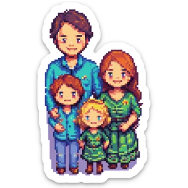 a family of four smiling together, pixel art style, simple background sticker