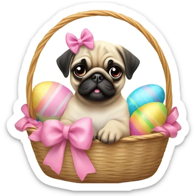 Baby pug with big pink
eyes wearing a pink bow sitting in an Easter basket  sticker