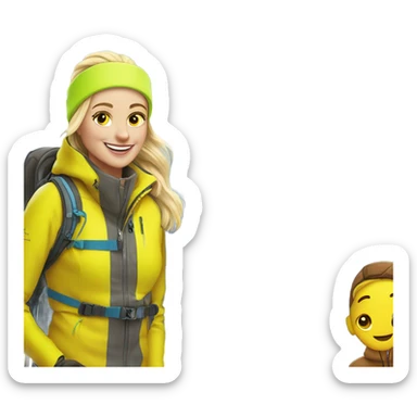 smiling blonde in outdoor jacket ski mountains behind me skiing passing a guy with a bright yellow fluorescent ski jacket with brown pants sticker