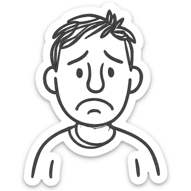 a sad and lost looking man, expressive face, hand-drawn black outline style sticker