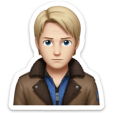Leon Kennedy from resident evil 4 remake in sheepskin coat and black t-shirt blue eyes clean-shaved sticker