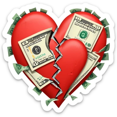 red broken heart glued together by dollars sticker