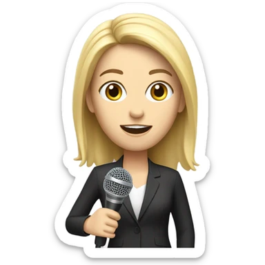 reporter with A white female reporter holds out a microphone to answermicrophone sticker