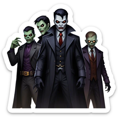 Icon for Thriller Movies: A large, dramatic collage featuring sinister villains and zombies in dark clothing. The background shows the gloomy cityscape of Gotham with dim lighting and eerie shadows. The atmosphere should be tense, mysterious, and suspenseful. Transparent background. sticker