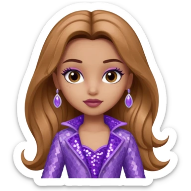 Yasmin from Bratz with long light brown hair and lavender sequin outfit sticker