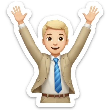 A business man boy who is happy and jumping high with hands up and hurray sticker