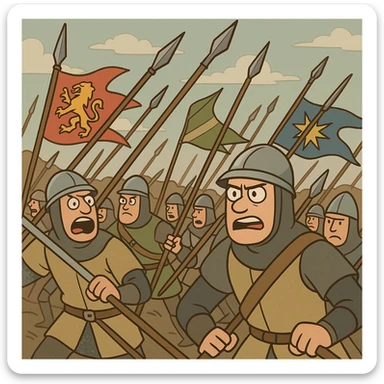 scène de bataille au Moyen Âge, soldats avec lances et bannières, style cartoon coloré sticker