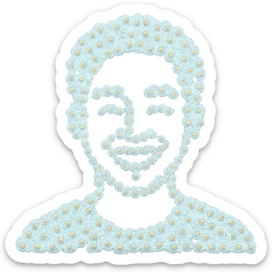 bright and recognizable image of a person from shoulders up, front view, composed of small emoji clouds, no text sticker