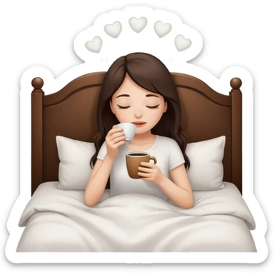 Brunette white skined girl who closes her eyes and smells coffee while drinking coffee in her white bed sticker