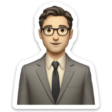 Full height Pale skinned Fit Man With dark brown hair in classic gray suit, beige office shirt, dark gray tie, and vintage glasses. Thrumbs of his palms directed up sticker