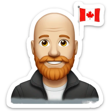 A bald man with a red beard and a Canadian flag sticker