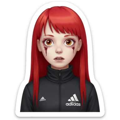 Crie um emoji de uma menina zumbi  com o cabelo vermelho longo com uma franja reta casaco de gola alta da adidas sticker