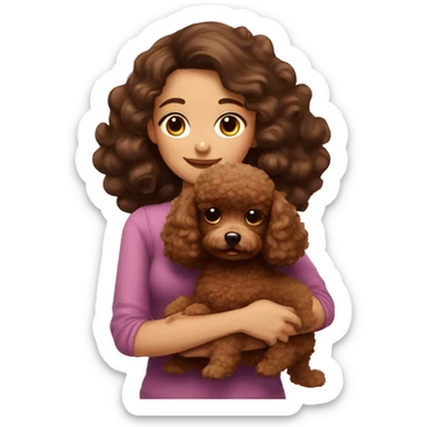 Beautiful curled hair brunette girl hugging a brown toy poodle sticker