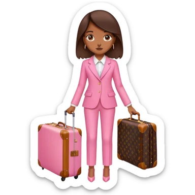 Brune girl pink suit suitcase Louis Vuitton sticker