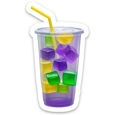 Realistic see through plastic cup and lid with half full Transluscent yellow, green ,purple soda,straw and large ice cubes inside. sticker