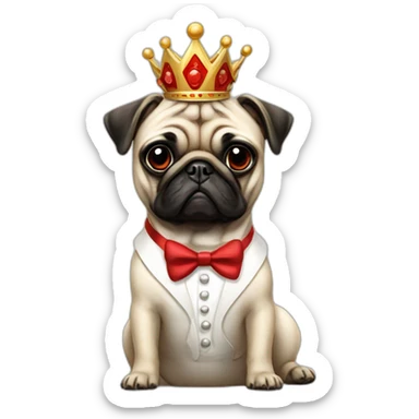 A dog (pug) with a crown in a white suit with a red bow sticker