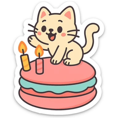kitten riding giant macaron with candles, pastel-toon style sticker