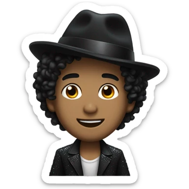 A man with light skin a small nose curly black hair with a curl coming down his face with a sparkly black jacket and a black fedora sticker