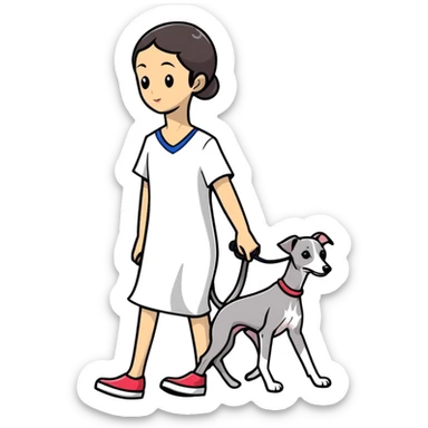 Asian girl walking an all grey Italian greyhound sticker