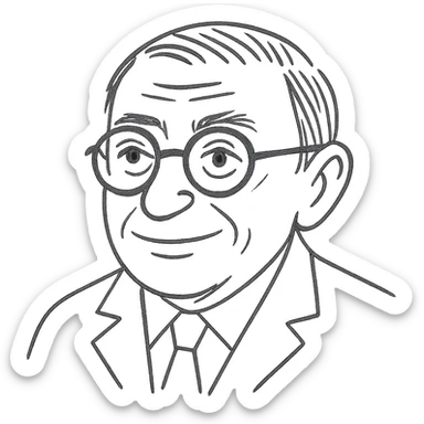 Enhance the hand-drawn look of the Jean-Paul Sartre black outline drawing by adding a bit more strokes, keeping it clean and not overly busy. Maintain the neutral smile, round glasses, and transparent background. sticker