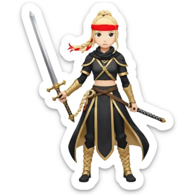 Aether (from Genshin Impact) with black and golden clothes, white scarf, long blonde braided ponytail, with a sword (full body) sticker