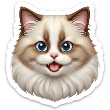 cinematic-adorable-big-eyed-fluffy-brown and white ragdoll-cat-portrait-emoji,-head-tilted-playfully-with-a-cute,-yawn,-soft-brown-and white-colored-fur-with-darker-points-on-the-ears,-simplified-yet-irresistibly-cute-features, sparkling blue eyes sticker