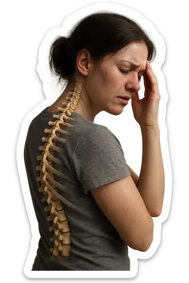 donna stanca che si tiene una mano sulla tempia con spina dorsale anatomica visibile, iperrealistico 4k sticker