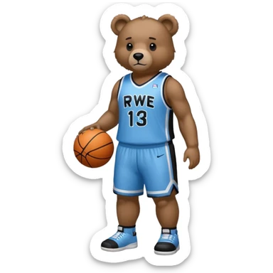 Bear with full body and wearing basketball black and light blue jersey that says RWE  sticker