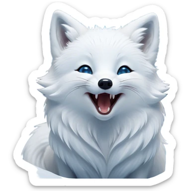 Cinematic Cute Yawning Arctic Fox Portrait Emoji, Head tilted slightly with a dramatic, wide-open yawn, showcasing a soft, downy white Fur with subtle icy blue accents and gently drooping ears, round eyes barely open in drowsy contentment, Simplified yet irresistibly adorable features, highly detailed, glowing with a soft, cozy glow, high shine, relaxed yet expressive, stylized with a touch of arctic whimsy, bright and endearing, soft glowing outline, capturing the essence of a sleepy yet affectionate arctic fox, so drowsy it feels like it could stretch out of the screen and curl up for a nap! sticker