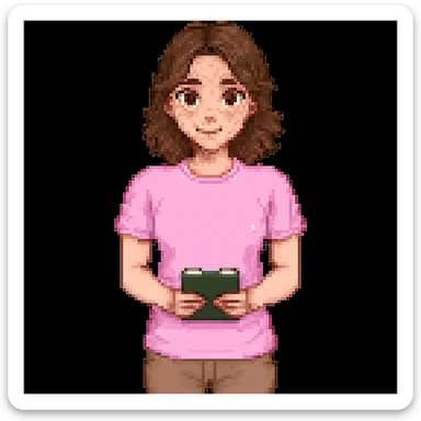 Add brown eyes and freckles on the cheeks to the pixel art teacher with brown hair, white skin, and pink t-shirt. Keep the original pixel art style. sticker