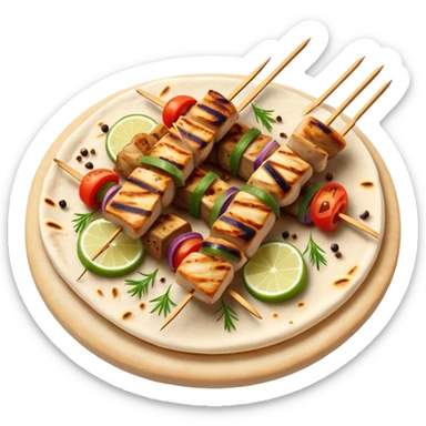 cinematic-realistic-souvlaki-dish-emoji,-showcasing-skewered,-grilled-chicken-with-mediterranean-spices-rendered-with-dynamic-textures-and-warm,-appetizing-lighting on pita bread sticker