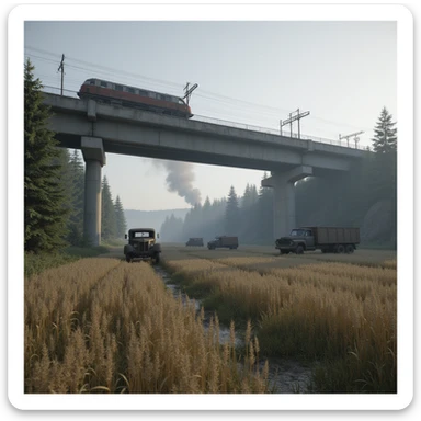  a screenshot of a location in a videogame  the image of the scene consists of:  [above-ground train freeway partially collapsed], a wooded area, a small field of wheat. distant smoke. tall concrete walls, derelict vintage work trucks, more distant smoke. polluted and war-torn sticker