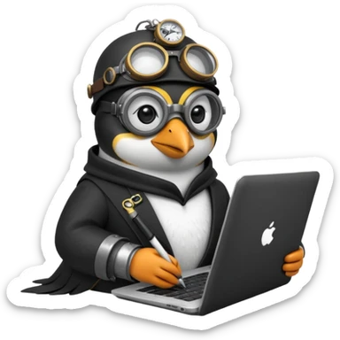 an steampunk engineer penguin writing code on a laptop sticker
