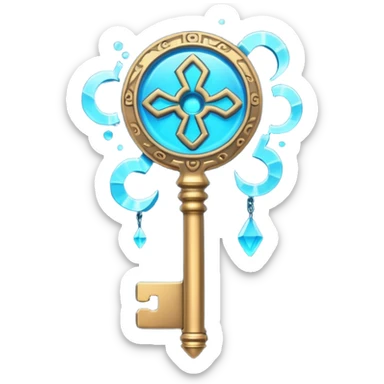 Ancient key glowing blue with runic markings, floating sticker