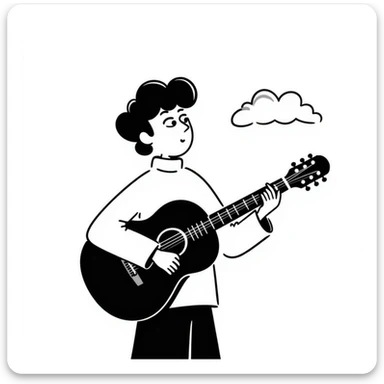 A musician holding a guitar, with a sad expression, looking up at the sky, waiting for an opportunity sticker