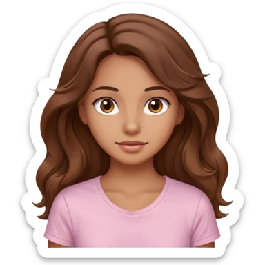 A pretty girl with tan skin and long brown wavy hair, wearing a very light pink basic shirt with brown eyes sticker