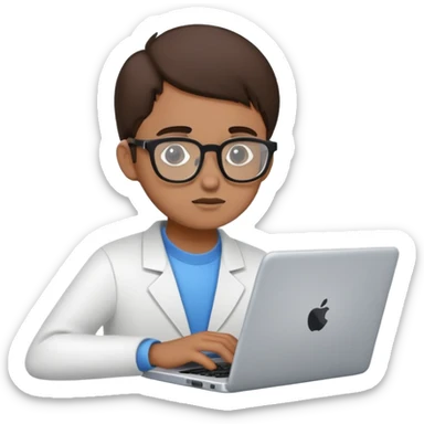 Junior IT Specialist with small laptop, glasses, looking inexperienced, with basic coding skills sticker