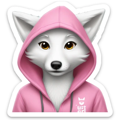 White fox wearing a pink hoodie with pink writing saying just a girl sticker
