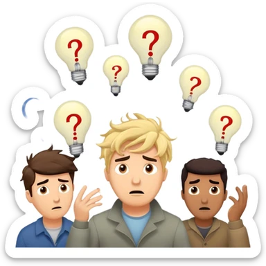Group of men with chaotic minds, swirling tornadoes of tangled thoughts around their heads, containing question marks, light bulbs, and scribbles. The men have bewildered, overwhelmed expressions. sticker